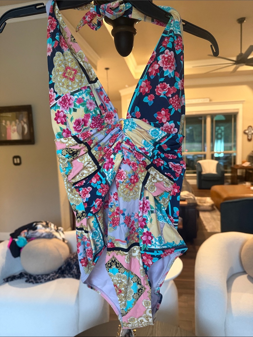 Johnny Was Floral Halter One-Piece Swimsuit in Navy, Pink, Yellow and Turquoise